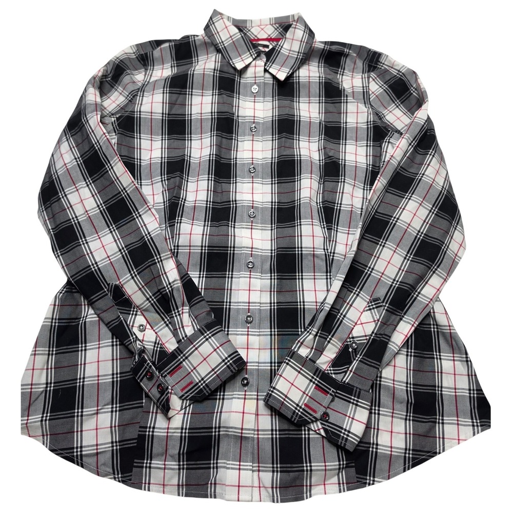 Talbots Womens 6 Non-Iron Plaid Button Down Shirt Black White Red Long Sleeve